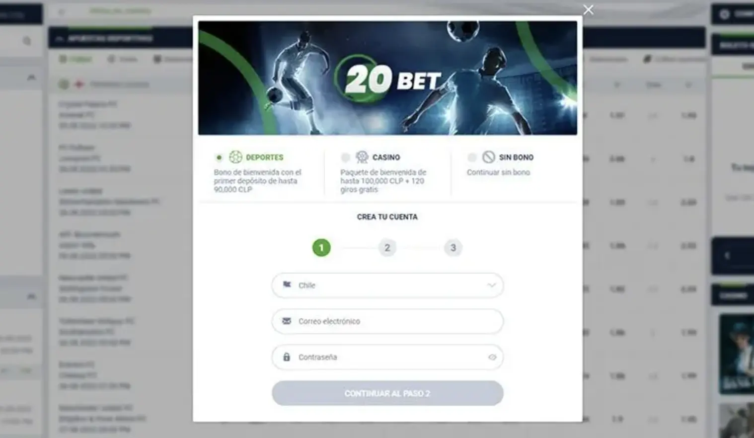 Registro en 20Bet Chile